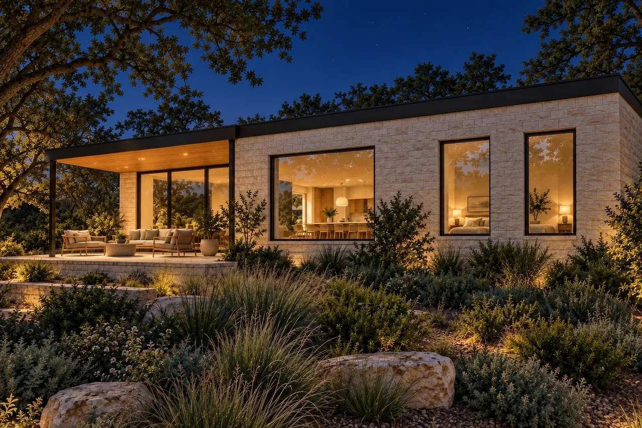 The home at night, lit from inside